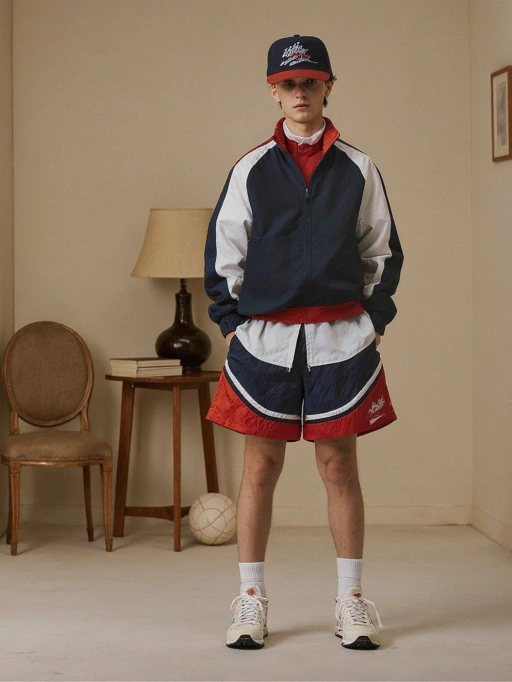 This is a slim young adult male model from Russia, featuring short light brown hair and fair skin. His outfit, consisting of a retro-style tracksuit with bold color blocking in red, white, and navy blue, paired with athletic sneakers, exudes a vibrant retro and athletic vibe. The setting, which includes vintage furniture and a classic lamp, complements his style, suggesting he could be ideal for fashion shoots focused on streetwear or retro-inspired athletic wear. His confident posture and direct gaze add to the overall dynamic and youthful energy of the image.