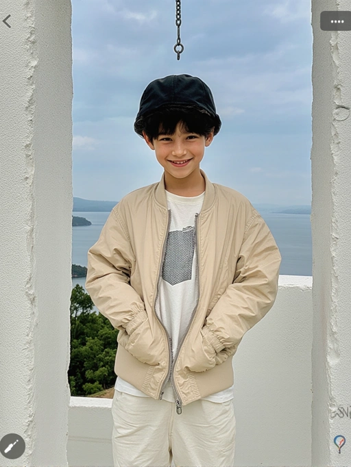 Ini adalah model anak laki-laki yang ceria dan cerah dari Korea, dengan rambut pendek hitam rapi di bawah topi hitam, warna kulit kuning, dan tipe tubuh ramping. Senyumnya yang ceria dan postur santainya menyampaikan rasa kegembiraan dan kenyamanan, membuatnya sangat cocok untuk pemotretan mode kasual, iklan yang berorientasi pada keluarga, atau fotografi gaya hidup yang menekankan kebahagiaan dan energi muda.