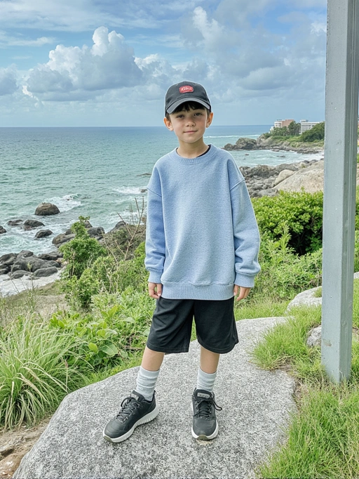 Este es un modelo infantil masculino confiado de Japón, con cabello corto y oscuro bajo una gorra, un tipo de cuerpo delgado y un tono de piel amarillo. Su atuendo casual, que consiste en un suéter azul claro y pantalones cortos negros combinados con zapatillas deportivas, transmite una vibra relajada pero elegante. El entorno junto al mar realza aún más su personalidad tranquila y accesible, lo que lo hace adecuado para moda infantil, campañas de estilo de vida al aire libre o anuncios orientados a la familia.