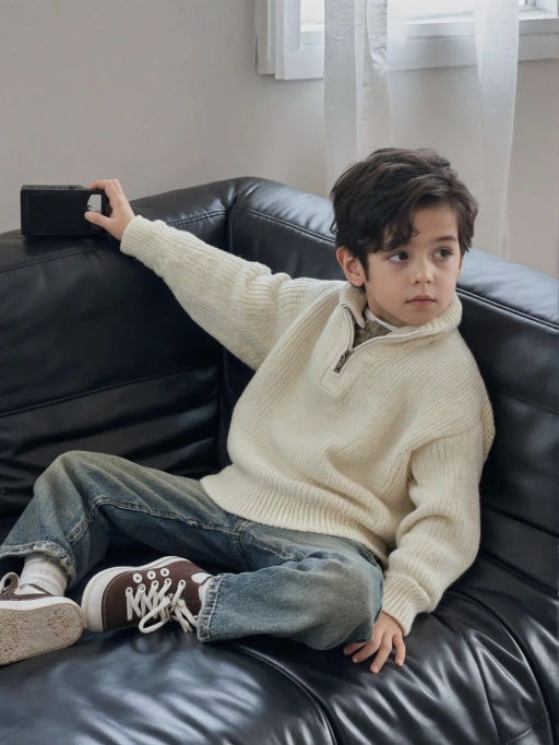 Este é um modelo infantil masculino casual e reflexivo das Américas, provavelmente americano, com cabelo castanho curto e ondulado, pele clara e uma figura esguia. Ele está vestido com um aconchegante suéter de tricô creme combinado com jeans folgados e tênis clássicos marrons, transmitindo uma vibe descontraída e acessível. Sua postura, segurando um pequeno dispositivo enquanto está sentado em um sofá de couro, sugere um momento de contemplação tranquila ou curiosidade. Esta imagem é altamente adequada para campanhas de moda infantil, fotografia de estilo de vida ou promoção de produtos voltados para a família que enfatizam conforto e simplicidade.