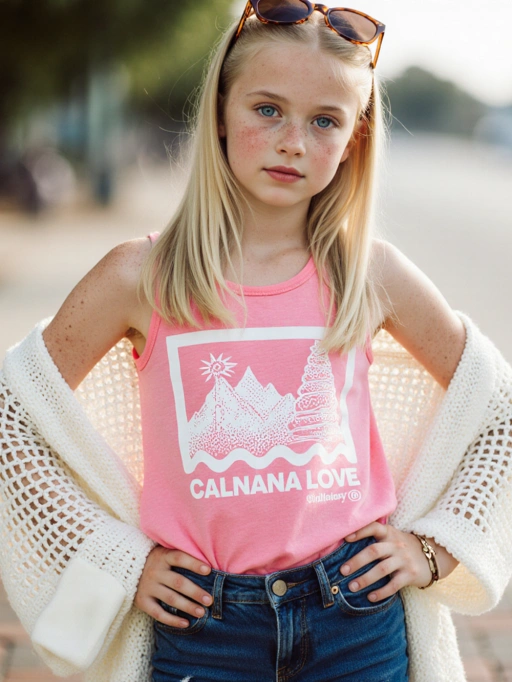 Đây là một người mẫu nữ trẻ em dễ thương đến từ châu Mỹ, có khả năng là người Mỹ, với mái tóc dài thẳng màu vàng, làn da trắng và dáng người mảnh mai. Trang phục của cô bé bao gồm một chiếc áo ba lỗ màu hồng rực rỡ với thiết kế đồ họa vui nhộn, kết hợp với một chiếc áo cardigan dệt kim màu trắng giản dị, tạo nên vẻ ngoài thư thái và dễ gần. Tổng thể được hoàn thiện bởi dáng đứng tự tin nhưng dịu dàng của cô bé và một cặp kính râm thời trang đặt trên đầu, thêm một chút phong cách giản dị. Hình ảnh này rất phù hợp cho các chiến dịch thời trang trẻ em, nhiếp ảnh phong cách sống hoặc quảng bá các sản phẩm hướng đến gia đình.