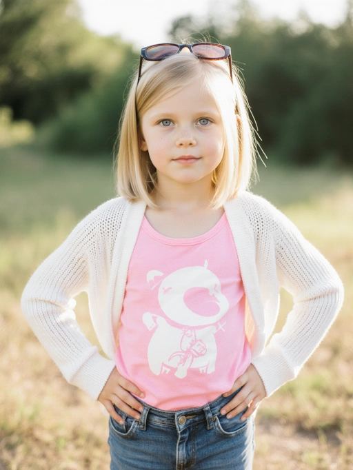 Đây là một người mẫu nữ trẻ em ngọt ngào và tinh nghịch, với mái tóc ngắn thẳng màu vàng, làn da trắng và vóc dáng mảnh mai. Cô ấy toát lên vẻ quyến rũ và ngây thơ với tư thế tự tin và biểu cảm rạng rỡ. Trang phục của cô ấy, bao gồm một chiếc áo ba lỗ màu hồng với hình ảnh dễ thương và một chiếc áo cardigan trắng, làm nổi bật tính cách trẻ trung và sôi động của cô. Hình ảnh này rất phù hợp cho thời trang trẻ em, ảnh gia đình hoặc quảng cáo các sản phẩm dành cho đối tượng trẻ tuổi.