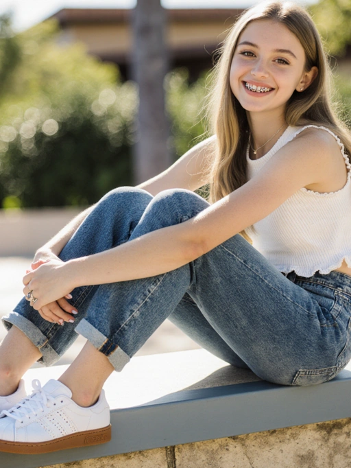 Dies ist ein freundliches und lässiges amerikanisches Teenager-Model mit langen, glatten, blonden Haaren, heller Haut und schlanker Figur. Ihr strahlendes Lächeln und ihre entspannte Haltung vermitteln eine warme und zugängliche Ausstrahlung, die sie besonders geeignet macht für Lifestyle-Fotografie, Modewerbung, die sich an ein jüngeres Publikum richtet, oder die Promotion von Freizeitkleidung und Accessoires.