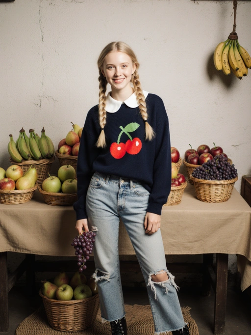Esta es una modelo adolescente dulce y juguetona de Europa, probablemente de Rusia, con cabello rubio largo peinado en dos trenzas, piel clara y una figura delgada. Irradia una vibra alegre y accesible con su brillante sonrisa y un atuendo casual pero elegante que consiste en un suéter con estampado de cerezas y jeans desgastados. El escenario, lleno de diversas frutas, complementa su energía vibrante y juvenil, lo que la hace altamente adecuada para campañas de moda enfocadas en estilos juveniles, fotografía de estilo de vida o incluso anuncios relacionados con alimentos que buscan transmitir una atmósfera fresca y animada.