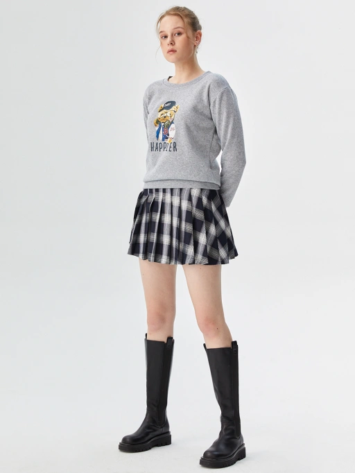 Professional AI Clothing Model for Women's Casual Outfit with Studio Model featuring Studio Model wearing Women's Sweatshirt in Minimalist White Studio, Professional style.