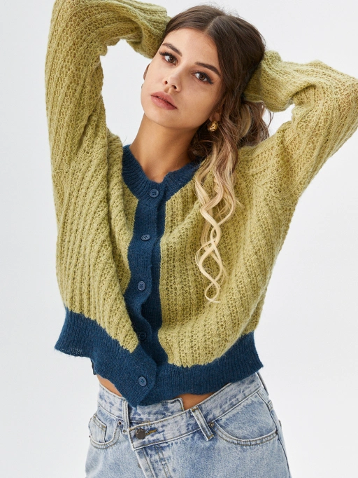 Professional Put Clothes on Model AI for Cardigan featuring Studio Model wearing Cardigan in Minimalist White Studio, Relaxed style.