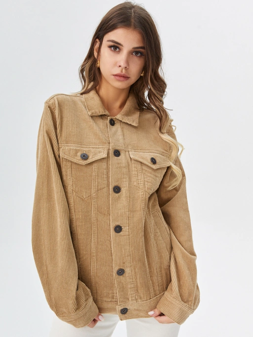 Professional Put Clothes on Model AI for Corduroy Jacket with Studio Female Model featuring Studio Model wearing Corduroy Jacket in Minimalist White Studio, Professional style.