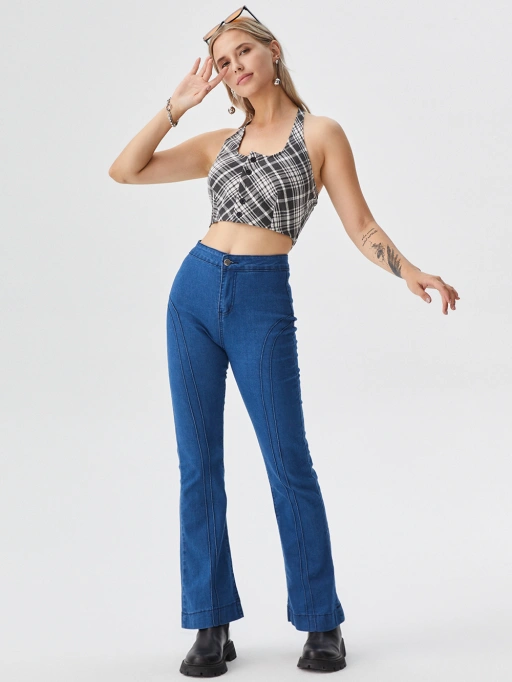 Professional Flat Lay to Model AI featuring Studio Model wearing Women's Casual Wear in Minimalist White Studio, Confident style.