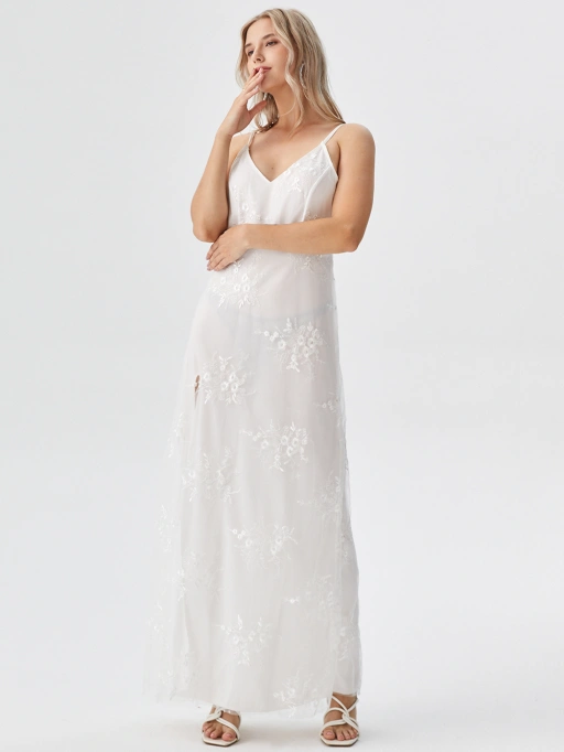 Professional Put Clothes on Model AI for Dresses with Studio Model featuring Studio Model wearing Dress in Minimalist White Studio, Elegant style.