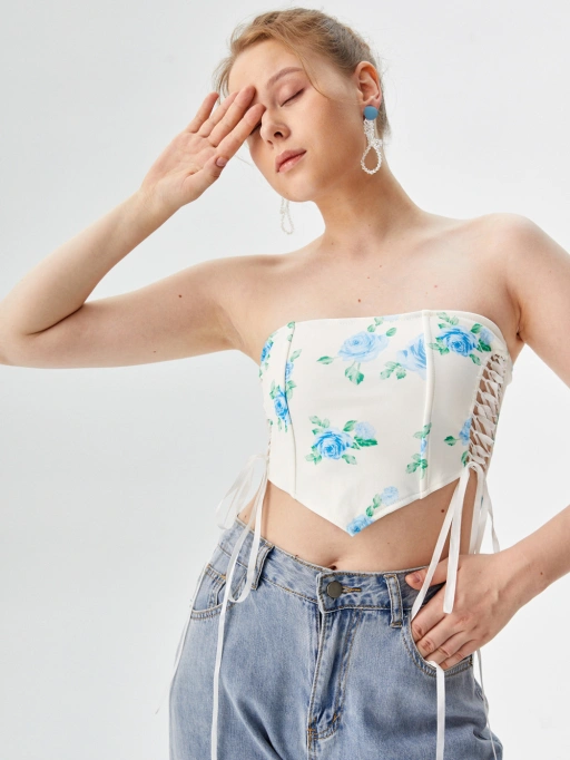 Professional Clothing Listing Image AI for Bustier Top featuring Studio Model wearing Bustier Top in Minimalist White Studio, Professional style.