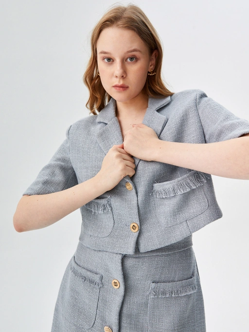 Professional Put Clothes on Model AI for Womens Suits featuring Studio Model wearing Suits in Minimalist Light Gray Studio, Professional style.