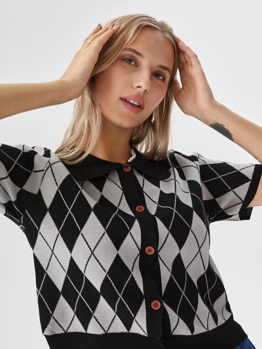 Professional AI Product Photography for Cardigan with Studio Model featuring Studio Model wearing Cardigan in Minimalist White Studio, Professional style.