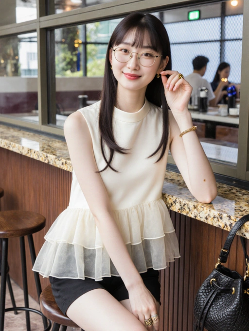 こちらは韓国出身のエレガントな若い成人女性モデルです。長いダークブラウンのストレートヘア、スリムな体型、そして明るい黄色の肌色が特徴です。彼女の衣装は、フリルの裾が付いたノースリーブのクリーム色のトップスと黒のショートパンツで構成されており、ゴールドの指輪やブレスレットなどの洗練されたアクセサリーと相まって、上品でスタイリッシュな雰囲気を醸し出しています。彼女の穏やかな笑顔と落ち着いた姿勢は、冷静で洗練された性格を示しており、ファッション誌、ライフスタイル写真、または都会的な環境での高級アパレルのプロモーションに非常に適しています。