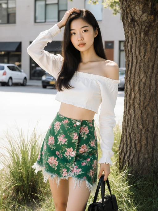 Dies ist ein schickes junges weibliches Model aus Korea mit langen, dunklen, glatten Haaren, einer schlanken Figur und einem gelben Hautton. Ihre selbstbewusste Haltung und ihr stilvolles Outfit – ein weißes schulterfreies Crop-Top kombiniert mit einem grünen Rock mit Blumenmuster – vermitteln eine moderne und modische Ausstrahlung. Die Kulisse, eine urbane Straße mit natürlichen Elementen, ergänzt ihren Look und macht sie äußerst geeignet für Modeeditorials, Lifestyle-Kampagnen oder zeitgenössische Markenwerbung.