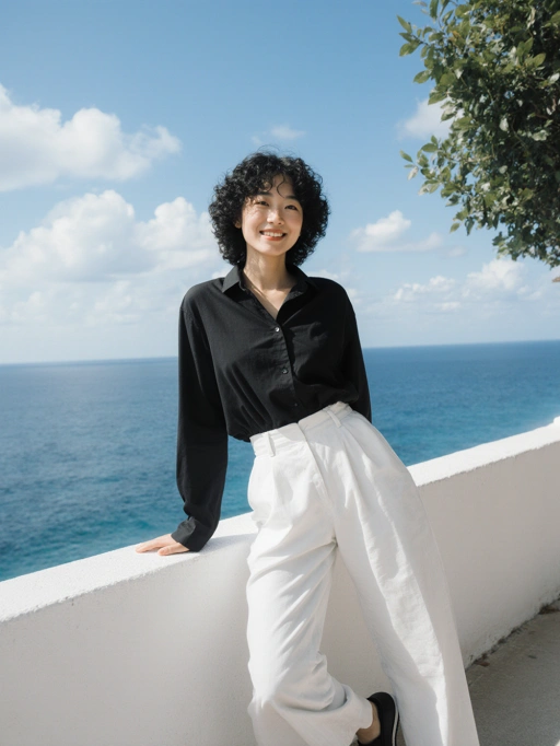 Ini adalah model perempuan muda dewasa yang chic dari China, dengan rambut pendek hitam yang rapi, warna kulit kuning, dan tubuh ramping. Senyumnya yang percaya diri dan postur santai menyampaikan suasana modern dan bergaya, dilengkapi dengan kemeja hitam dan celana putihnya. Latar belakang tepi laut yang tenang meningkatkan penampilannya yang elegan, menjadikannya sangat cocok untuk editorial mode, fotografi gaya hidup, atau kampanye merek yang menekankan keanggunan dan kesederhanaan kontemporer.