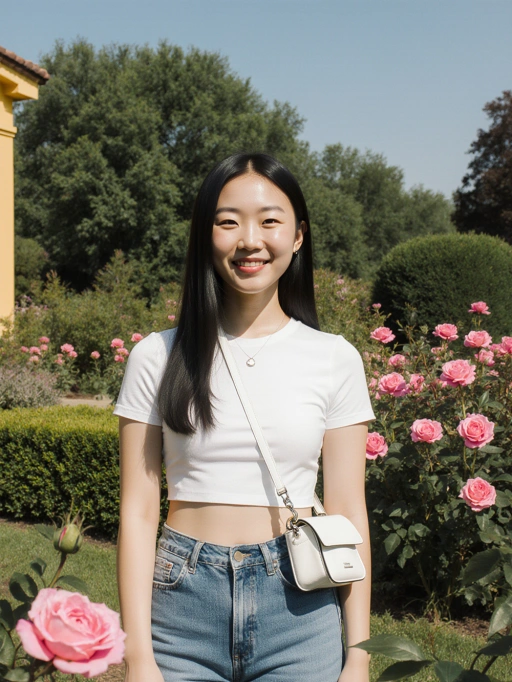 Это яркая молодая модель из Китая, с длинными прямыми черными волосами, стройной фигурой и теплым желтым оттенком кожи. Ее милая и дружелюбная личность проявляется через яркую улыбку и расслабленную позу. Одета в повседневный, но стильный белый укороченный топ в сочетании с джинсами и дополнена элегантной белой сумкой через плечо, она излучает молодость и энергию. Этот образ идеально подходит для модных редакционных материалов, блогов о стиле жизни или контента в социальных сетях, который стремится передать ощущение свежести и позитива.