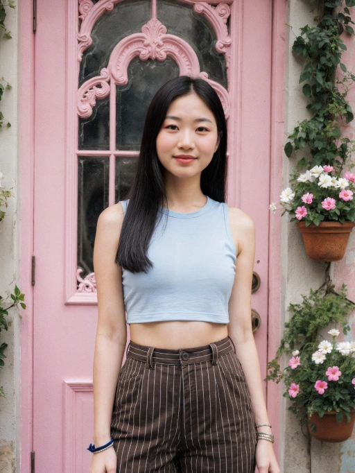 Đây là một người mẫu nữ trẻ trung, ngọt ngào và tự tin đến từ Trung Quốc, với mái tóc đen dài thẳng, dáng người mảnh mai và làn da vàng ấm áp. Nụ cười dịu dàng và dáng vẻ tự tin của cô ấy truyền tải cảm giác dễ gần và sự tự tin. Mặc một chiếc áo crop top màu xanh nhạt kết hợp với quần cạp cao kẻ sọc, cô ấy toát lên vẻ giản dị nhưng phong cách, khiến cô ấy rất phù hợp cho các bài biên tập thời trang, nhiếp ảnh phong cách sống hoặc các chiến dịch thương hiệu nhấn mạnh năng lượng trẻ trung và sự thanh lịch hiện đại.