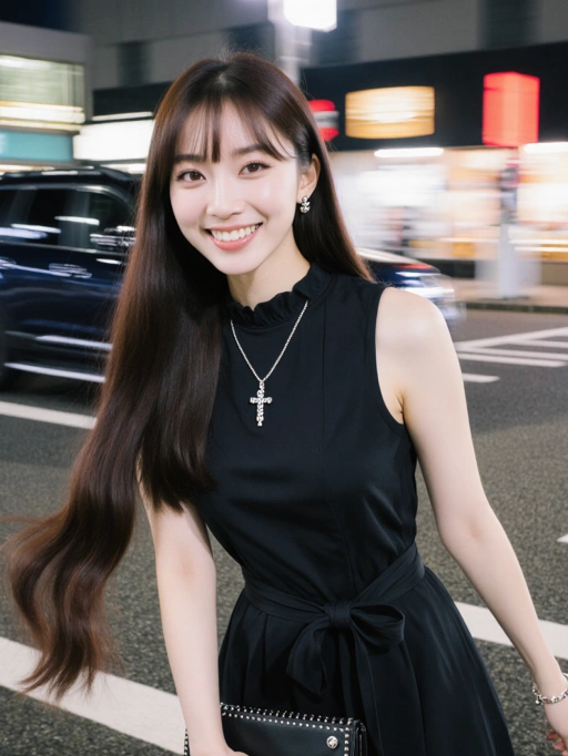 This is an elegant young adult female model from Korea, featuring long brown wavy hair, a slim figure, and a warm yellow skin tone. Her confident smile and poised posture convey a sense of sophistication and grace. Adorned with a stylish black dress and a cross necklace, she exudes an air of elegance suitable for high-end fashion events or luxury brand promotions. Her overall appearance makes her an ideal choice for campaigns that emphasize refined beauty and contemporary style.