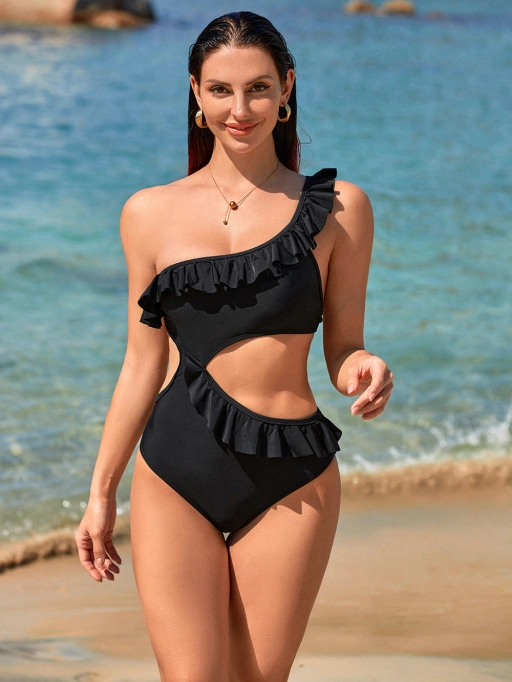 スタジオモデルがワンピース水着を着用し、熱帯リゾートビーチでリラックスしたスタイルのプロフェッショナルAIモデル撮影画像