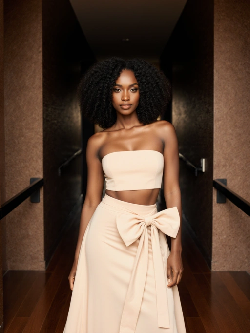 Ini adalah model wanita muda dewasa yang elegan dari Nigeria, dengan rambut keriting gelap yang ditata dalam potongan panjang sebahu yang bervolume, warna kulit hitam, dan tubuh yang proporsional. Postur percaya dirinya dan tatapan langsungnya menyampaikan rasa percaya diri dan kecanggihan. Pakaian model—crop top tanpa tali berwarna krem yang dipadukan dengan rok serasi yang dihiasi dengan pita—meningkatkan penampilannya yang chic dan berkelas. Gambar ini sangat cocok untuk editorial mode, kampanye merek mewah, atau promosi acara kelas atas di mana tema utama adalah keanggunan dan kepercayaan diri.