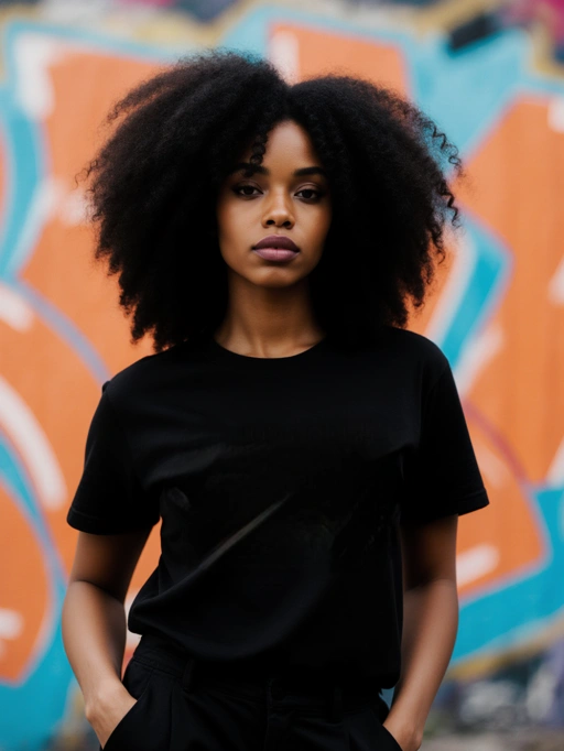 Weiblich, Junge Erwachsene, Schwarz, Schlank, Selbstbewusst-Stylisch, Dunkelbraune voluminöse Afro-Frisur, Amerikas-Amerikanisch