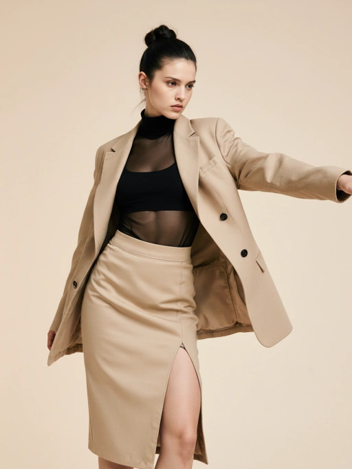 This is a chic young adult female model, likely of Italian descent, with a slim body type. She features dark brown hair styled in a neat high bun and has a fair skin tone. Her confident posture and professional attire—a beige blazer paired with a matching skirt and a black sheer top—convey a sophisticated and modern vibe. Suitable for business fashion shoots, professional branding, or contemporary lifestyle campaigns, her appearance exudes elegance and poise.