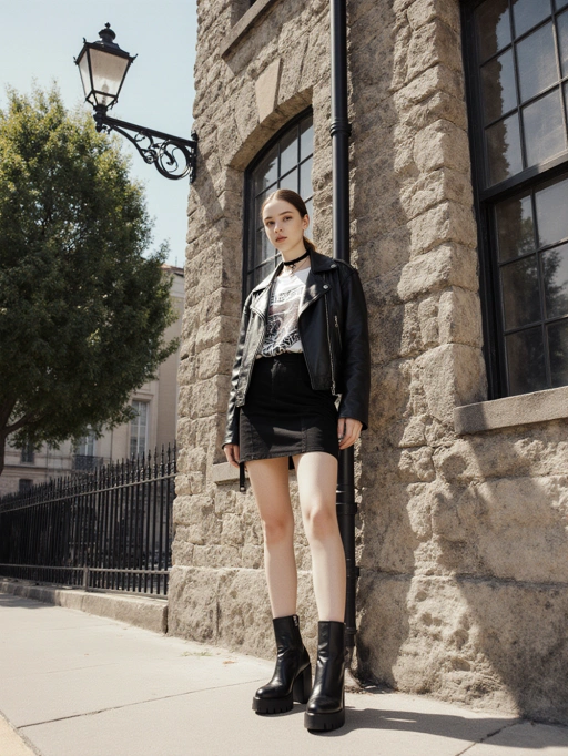 This is a confident young adult female model from Europe, likely French, with straight brown hair tied back and a slim body type. Her fair skin complements her edgy style, characterized by a black leather jacket, a graphic tee, a mini skirt, and chunky boots. The overall vibe is bold and self-assured, making her well-suited for urban fashion shoots, streetwear campaigns, or modern lifestyle advertisements that emphasize individuality and contemporary style.