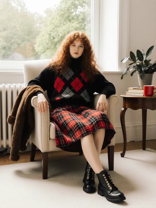 Dies ist ein schickes junges weibliches Model aus Großbritannien mit langen roten lockigen Haaren, heller Haut und schlanker Figur. Ihre selbstbewusste Haltung und ihr stilvolles Outfit, bestehend aus einem schwarzen Pullover mit einem rot-grauen Rautenmuster, kombiniert mit einem roten karierten Rock und schwarzen Stiefeln, vermitteln eine anspruchsvolle und moderne Ausstrahlung. Die Umgebung mit ihrem gemütlichen Sessel und dem natürlichen Licht ergänzt ihr elegantes Erscheinungsbild und macht sie besonders geeignet für Modeeditorials, Lifestyle-Fotografie oder Marken-Kampagnen, die sich auf zeitgenössische und klassische Stile konzentrieren.