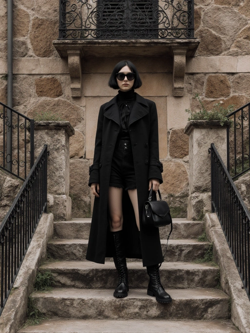 Esta es una modelo femenina joven y elegante de China, con cabello corto negro y ordenado, un tono de piel amarillo y una figura delgada. Su postura confiada y su conjunto completamente negro y estilizado transmiten una vibra moderna y sofisticada. El escenario de una antigua escalera de piedra añade un toque de elegancia y atemporalidad a su apariencia, lo que la hace altamente adecuada para editoriales de moda, campañas de marcas de lujo o proyectos de fotografía de estilo de vida urbano.