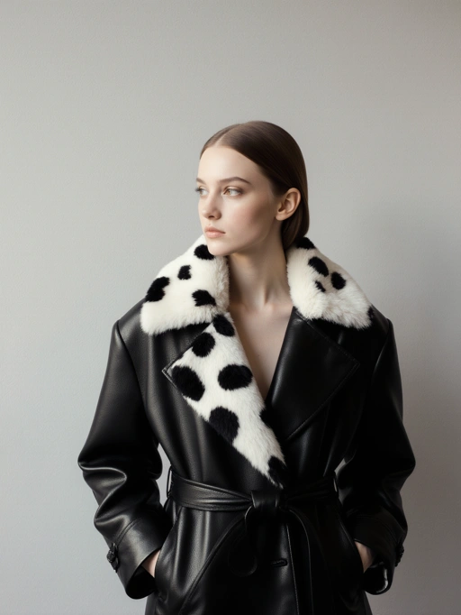 Esta es una elegante modelo joven adulta de Rusia, con un cabello castaño oscuro liso y suave, piel clara y una figura esbelta. Irradia una vibra sofisticada con su postura elegante y expresión facial refinada. La modelo lleva un elegante abrigo de cuero negro con un llamativo cuello de piel blanca adornado con lunares negros, lo que realza su apariencia chic. Esta imagen es altamente adecuada para editoriales de moda de alta gama, campañas de marcas de lujo o retratos artísticos que enfatizan la elegancia moderna y el estilo atemporal.