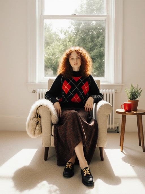 This is a chic young adult female model from Britain, featuring long red curly hair, fair skin, and a slim figure. She exudes a sophisticated vibe with her composed posture and stylish outfit, consisting of a black sweater with bold red diamond patterns and a patterned skirt paired with elegant loafers. The setting, with natural light streaming through the window and minimalistic decor, complements her refined appearance, making her highly suitable for fashion editorials, lifestyle photography, or branding campaigns that emphasize elegance and timeless style.