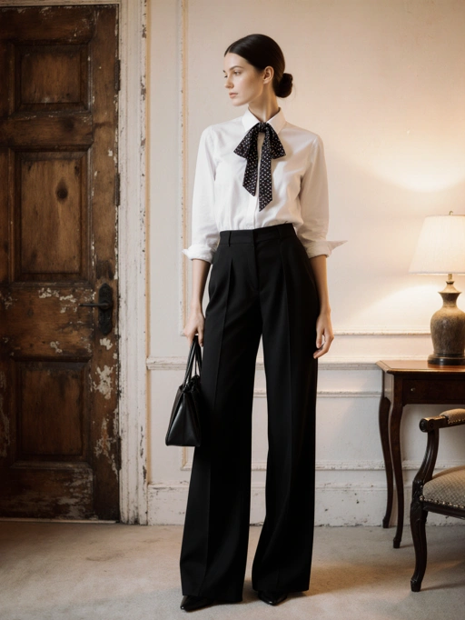 Voici un modèle féminin élégant, jeune adulte originaire d'Italie, avec des cheveux brun foncé coiffés en un chignon soigné, une peau claire et une silhouette mince. Sa tenue—une chemise blanche impeccable associée à un pantalon noir taille haute et agrémentée d'une cravate à pois—ainsi que sa posture posée et son expression sereine, dégagent une ambiance sophistiquée et raffinée. Le décor, avec sa porte en bois vintage et son mobilier classique, complète son élégance intemporelle, la rendant parfaitement adaptée aux éditoriaux de mode, aux campagnes de marques de luxe ou à la photographie de portrait professionnelle.