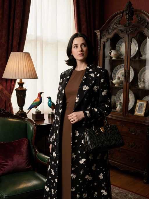 Это элегантная молодая взрослая модель из Италии с аккуратными черными короткими волосами, светлой кожей и стройной фигурой. Она излучает утонченность благодаря своей сдержанной осанке и изысканному стилю, подчеркнутому черным нарядом с цветочным узором и стильной сумочкой. Обстановка, украшенная винтажным декором и теплым освещением, дополняет ее элегантный образ, делая ее идеально подходящей для модных редакционных съемок высокого класса, кампаний роскошного образа жизни или классической портретной фотографии.
