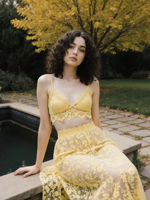 Esta es una modelo femenina joven y elegante, probablemente de ascendencia italiana, con cabello rizado castaño oscuro, piel clara y una figura delgada. Irradia una vibra sofisticada con su postura elegante y el intrincado atuendo de encaje amarillo que lleva puesto. El entorno, con su tranquilo jardín y banco de piedra, complementa su apariencia refinada, lo que la hace altamente adecuada para editoriales de moda, campañas de marcas de lujo o retratos artísticos que enfatizan la gracia y la elegancia.