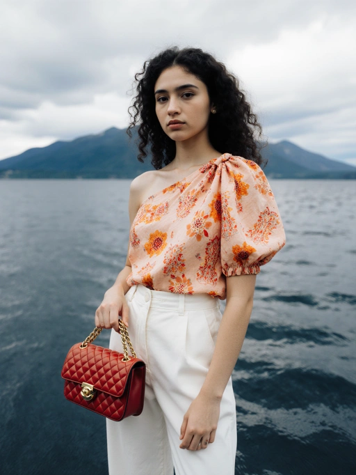 Voici un modèle féminin élégant, jeune adulte, probablement originaire d'Italie, avec de longs cheveux foncés et bouclés, une peau claire et une silhouette élancée. Elle dégage confiance et sophistication grâce à sa posture assurée et son regard direct. Le modèle porte un haut floral élégant à une épaule, associé à un pantalon blanc, et est accessoirisé avec un sac à main matelassé rouge chic, complétant parfaitement son apparence raffinée. Cette image est idéale pour des éditoriaux de mode, des campagnes de marques de luxe ou des décors extérieurs sereins mettant en valeur à la fois l'élégance et la beauté naturelle.