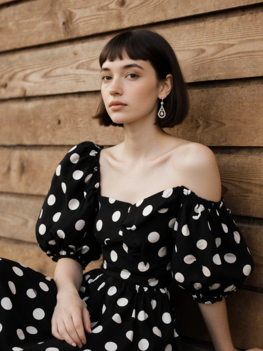 Esta es una modelo femenina joven y elegante, probablemente de origen japonés, con un cabello corto negro y flequillo bien cuidado, un cuerpo delgado y un tono de piel amarillo. Su atuendo—un vestido negro con lunares y hombros descubiertos combinado con delicados pendientes—junto con su postura serena y expresión sutil, transmite una vibra sofisticada y refinada. Esta imagen es altamente adecuada para editoriales de moda, campañas de marcas de lujo o retratos artísticos que enfatizan la gracia y la elegancia.