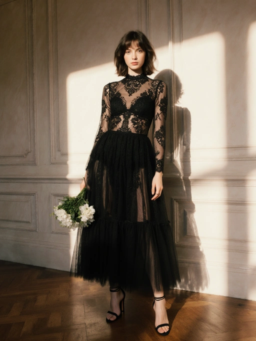 This is an elegant young adult female model from France, featuring short brown wavy hair, fair skin, and a slim figure. She is dressed in a sophisticated black lace dress with sheer elements, exuding an air of refined elegance and poise. Her personality tags of 'Elegant' and 'Sophisticated' are clearly reflected in her composed posture and the delicate bouquet of white flowers she holds. This image is highly suitable for high-end fashion editorials, luxury brand campaigns, or artistic portraits that emphasize grace and timeless beauty.