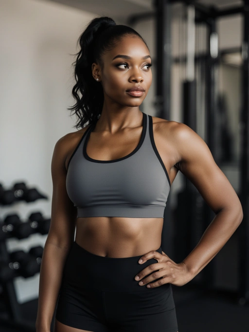 Это уверенная молодая взрослая модель женского пола из Америки, вероятно, американка, демонстрирующая атлетическое телосложение. У нее темно-каштановые волосы, собранные в высокий хвост, и черный цвет кожи. Ее выражение лица и осанка излучают уверенность и спортивный настрой, что делает ее идеально подходящей для рекламных кампаний спортивной одежды, промоакций, связанных с тренажерными залами, или контента о здоровье и благополучии. В целом, образ передает сильную, активную и уверенную в себе личность.