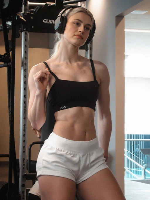 Esta es una modelo femenina joven y segura de sí misma de Rusia, con cabello largo, rubio y liso parcialmente recogido, piel clara y un tipo de cuerpo atlético. Su atuendo consiste en un sujetador deportivo negro y pantalones cortos blancos, complementados con auriculares, que en conjunto transmiten una vibra deportiva y decidida. El escenario parece ser un gimnasio, lo que sugiere que está realizando actividades de fitness. Esta imagen es muy adecuada para promocionar ropa deportiva, rutinas de ejercicio o contenido relacionado con la salud.