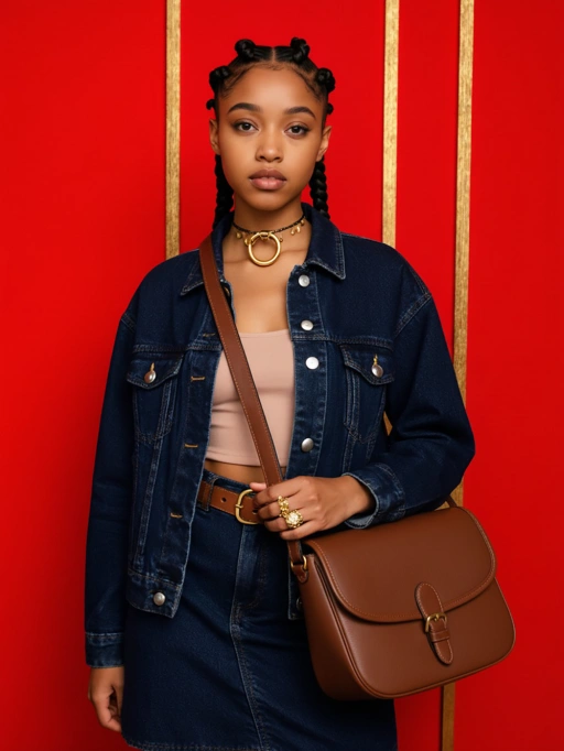 Đây là một người mẫu nữ trẻ tự tin đến từ châu Mỹ, có thể là người Mỹ, với mái tóc đen được tạo kiểu thành nhiều bím, làn da nâu và dáng người mảnh mai. Trang phục của cô bao gồm một chiếc áo khoác denim kết hợp với áo màu be và được phối với trang sức vàng nổi bật, toát lên vẻ thời trang và hiện đại. Tổng thể diện mạo, được bổ sung bởi biểu cảm nghiêm túc nhưng dễ gần của cô, cho thấy cô rất phù hợp cho các biên tập thời trang, chiến dịch phong cách sống hoặc quảng bá trang phục đường phố đô thị.