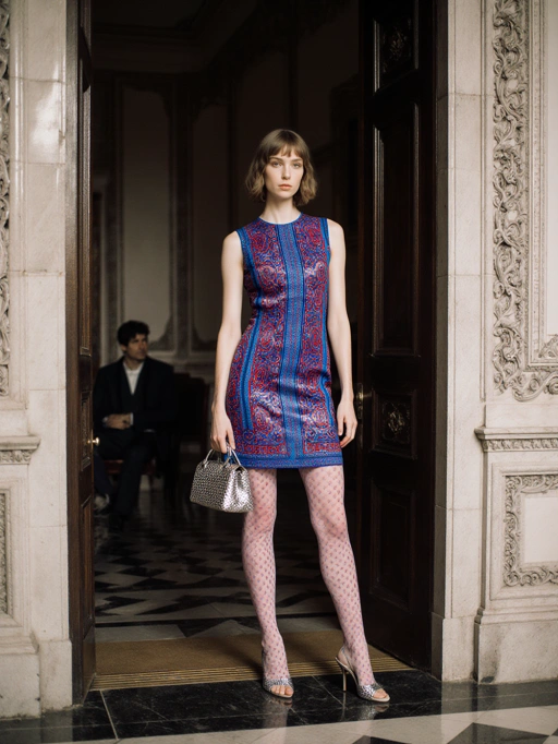 Esta es una modelo femenina joven y elegante de Italia, con un cuerpo delgado, cabello corto castaño claro estilo bob y piel clara. Su postura confiada y mirada directa transmiten una sensación de sofisticación y aplomo. Está vestida con un vibrante vestido estampado, medias de malla y tacones altos, complementado con un bolso de mano elegante. El entorno, con sus detalles arquitectónicos clásicos, complementa su apariencia chic y refinada, lo que la hace altamente adecuada para editoriales de moda, campañas de marcas de lujo o promociones de eventos exclusivos.