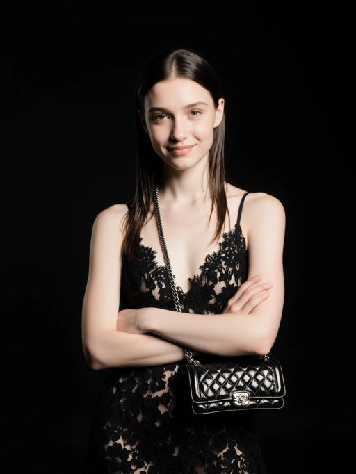 Il s'agit d'un modèle féminin adulte jeune et élégant originaire de Russie, avec de longs cheveux bruns lisses, une peau claire et une silhouette mince. Elle dégage une confiance en elle avec ses bras croisés et son sourire doux, complétés par sa tenue chic en dentelle noire et son sac à main matelassé élégant. Son apparence générale suggère une allure sophistiquée et moderne, ce qui la rend parfaitement adaptée aux éditoriaux de mode, aux campagnes de marques de luxe ou aux publicités de vente au détail haut de gamme.