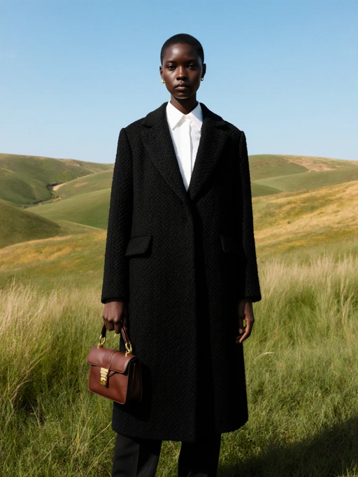 Voici un modèle féminin adulte jeune et élégant, avec une silhouette mince, des cheveux courts noirs coupés de près et une peau noire éclatante. Sa tenue — un manteau texturé noir sophistiqué associé à une chemise blanche impeccable et accessoirisé d'un sac à main marron élégant — dégage confiance et aplomb. Le cadre des collines verdoyantes ondulantes ajoute un arrière-plan serein mais audacieux à son allure posée. Ses traits de personnalité 'Élégante' et 'Confiante' se reflètent dans sa posture et la composition générale de l'image, ce qui la rend parfaitement adaptée aux éditoriaux de mode, aux campagnes de marques de luxe ou à la photographie de style de vie haut de gamme.
