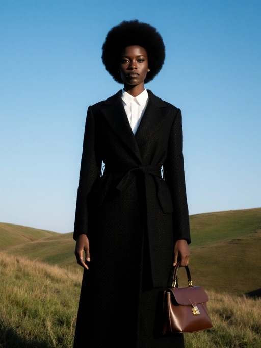 Esta es una modelo femenina joven y elegante, probablemente de ascendencia africana, con un peinado afro negro, piel oscura y una figura delgada. Irradia confianza y sofisticación con su postura erguida y mirada directa. Vestida con un elegante abrigo negro combinado con una camisa blanca impecable y complementada con un bolso de cuero marrón, encarna una estética moderna y sofisticada. Esta imagen es altamente adecuada para editoriales de moda, campañas de marcas de lujo o fotografía de estilo de vida que enfatice la elegancia y el estilo contemporáneo.