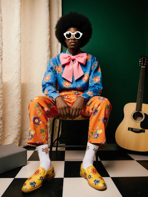 Voici un jeune mannequin masculin dynamique originaire du Nigeria, arborant une coiffure afro noire, une peau foncée et une silhouette élancée. Son sens audacieux de la mode, caractérisé par une tenue florale colorée associée à un grand nœud papillon rose et des lunettes de soleil blanches, dégage une ambiance artistique et confiante. Le décor, complété par une guitare en arrière-plan, suggère un contexte créatif ou musical, rendant cette image particulièrement adaptée aux éditoriaux de mode, aux projets liés à la musique ou à la photographie artistique célébrant l'individualité et l'expression culturelle.
