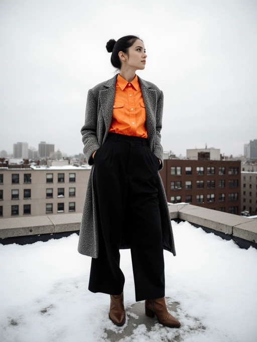 Esta es una modelo femenina joven y elegante de China, con cabello castaño oscuro recogido en un moño ordenado, un tono de piel amarillo y una figura esbelta. Irradia confianza con su postura elegante y su atuendo a la moda, que consiste en una camisa naranja, pantalones negros y un abrigo gris. Su apariencia general transmite un estilo moderno y sofisticado, lo que la hace altamente adecuada para editoriales de moda, campañas de estilo de vida urbano o promociones de marcas contemporáneas.