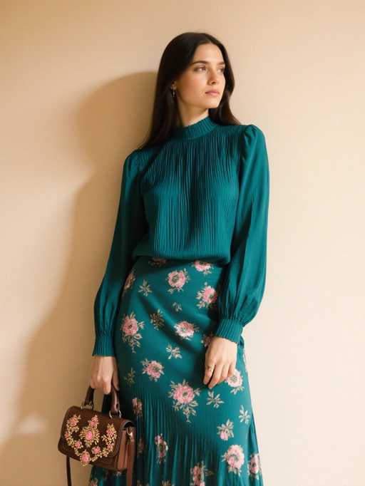 Esta es una elegante modelo femenina joven adulta de Italia, con cabello largo y liso de color castaño oscuro, piel clara y figura delgada. Lleva una blusa plisada de color azul verdoso combinada con una falda floral, complementada con un bolso bordado a juego. Su postura y expresión transmiten una vibra sofisticada y refinada, lo que la hace altamente adecuada para editoriales de moda, campañas de marcas de lujo o anuncios de tiendas de alta gama.
