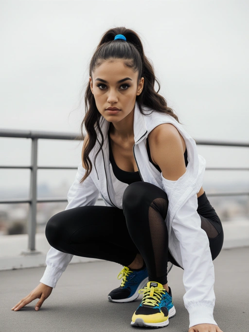 Esta é uma jovem modelo adulta confiante das Américas, provavelmente americana, com longos cabelos castanhos escuros presos em um rabo de cavalo alto com um elástico azul e tom de pele marrom. Seu tipo de corpo atlético é destacado por sua roupa esportiva, que inclui uma jaqueta branca com zíper, leggings pretas com painéis de malha e tênis vibrantes amarelos e azuis. Sua postura e olhar direto transmitem uma vibração energética e autoconfiante, tornando-a altamente adequada para conteúdos relacionados a fitness, publicidade de roupas esportivas ou campanhas motivacionais que promovam um estilo de vida ativo.