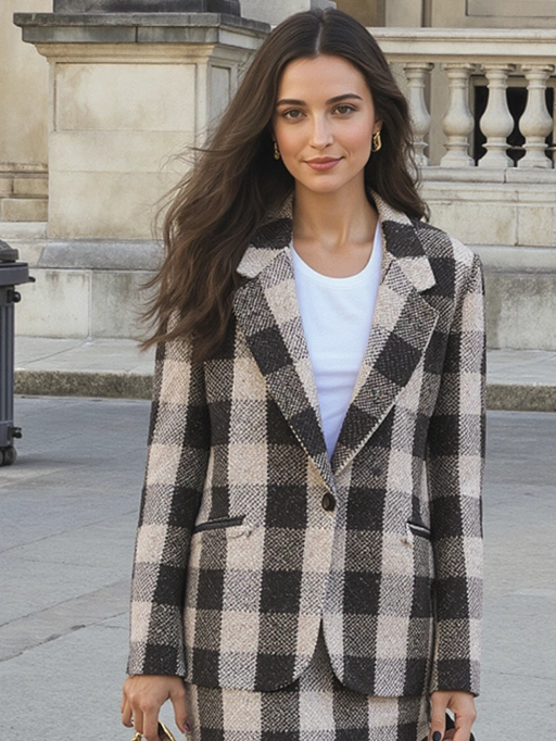 This is a chic young adult female model, likely of Italian descent, featuring long brown wavy hair, fair skin, and a slim figure. She exudes confidence and elegance in her posture and expression, complemented by her stylish plaid blazer over a simple white top. Her overall appearance suggests a sophisticated and modern vibe, making her well-suited for fashion editorials, high-end brand campaigns, or urban lifestyle photography.