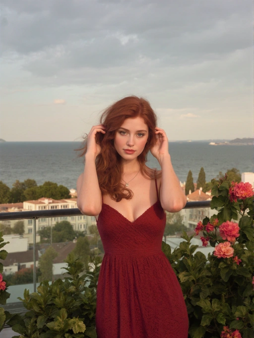 Ini adalah model wanita muda yang elegan dari Eropa, kemungkinan besar Italia, dengan rambut panjang bergelombang berwarna cokelat kemerahan, kulit cerah, dan tubuh ramping. Dia memancarkan kepercayaan diri dan keanggunan dengan postur tubuh yang anggun dan tatapan langsung. Model ini mengenakan gaun merah tua dengan tekstur rumit yang melengkapi penampilannya yang halus. Keseluruhan auranya menunjukkan kecocokan untuk pemotretan mode kelas atas, kampanye merek mewah, atau gambar gaya hidup pantai yang tenang, di mana keanggunan dan sikap anggunnya dapat ditampilkan dengan latar belakang yang indah.